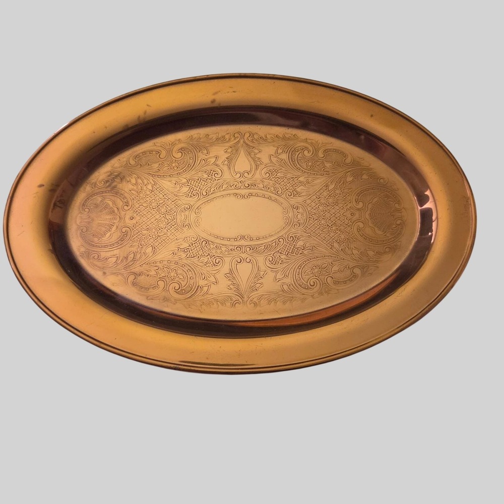 Vintage Coppercraft Guild Oval Copper Serving Tray Embossed Floral Platter 9.5"